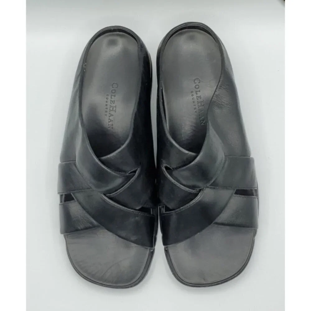 Cole Haan Black Leather Cross Strap Sandal Slides Sz 10.5 Men’s NikeAir Soles